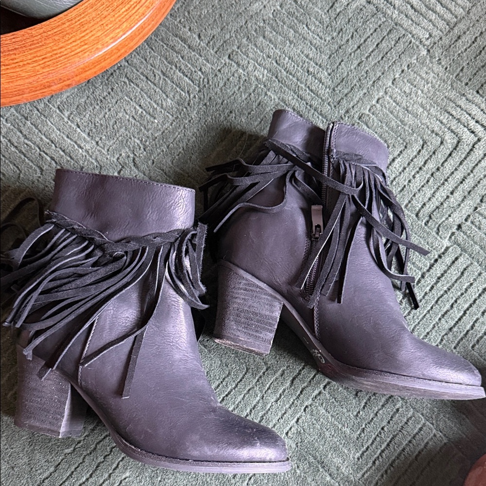 Fringe Ankle Booties - Black Leather Women's Heels